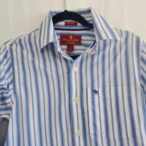Abercrombie & Fitch Men's Size S Muscle L/Sl white shirt with Lt. Blue stripes - Picture 2 of 10